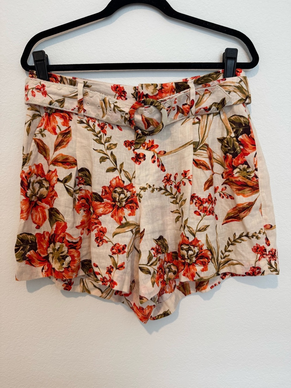 Joie 100% Linen Belted Tropical Print Floral Trouser Shorts Vacation Resort